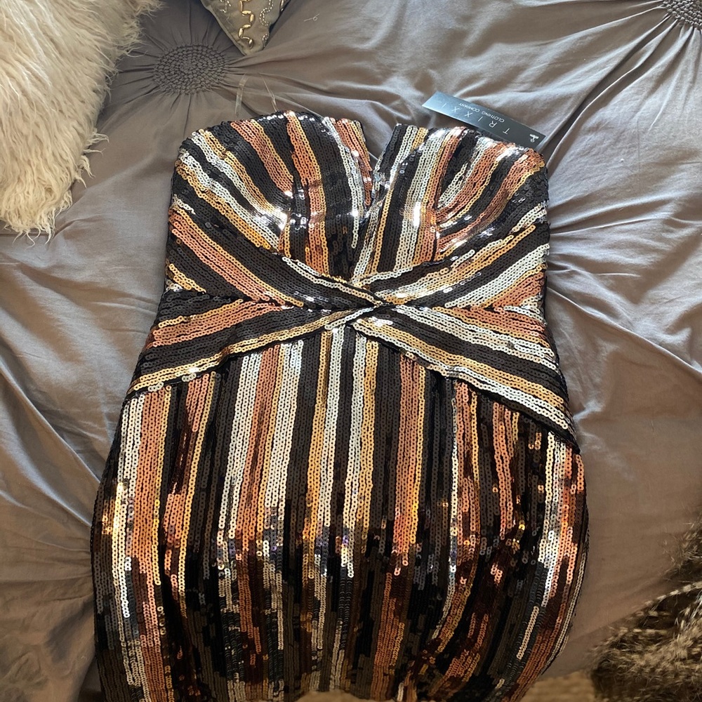 Strapless black, gold and copper sequin dress